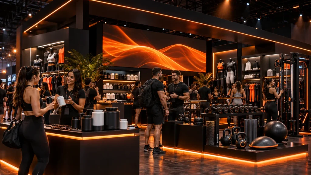 Stand de marca negro con iluminación naranja